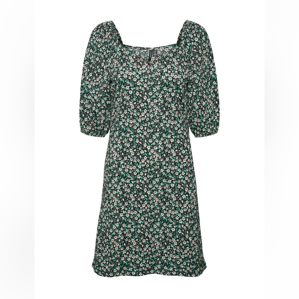 Gelina green floral dress with puff sleeves